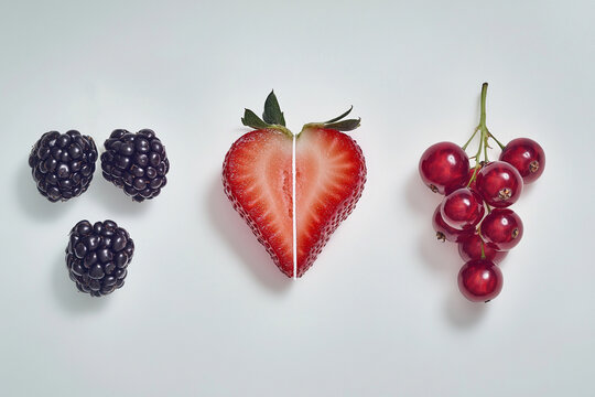 A series of fruits and berries dissected into their essential geometric forms and presented as architectural still life. A strawberry, a blackberry and red currant