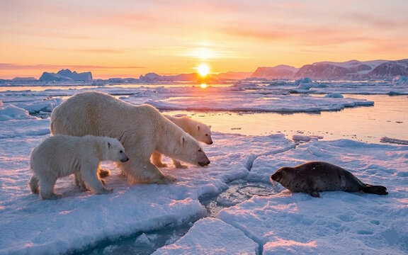  





polar bears  hunting at sunrise