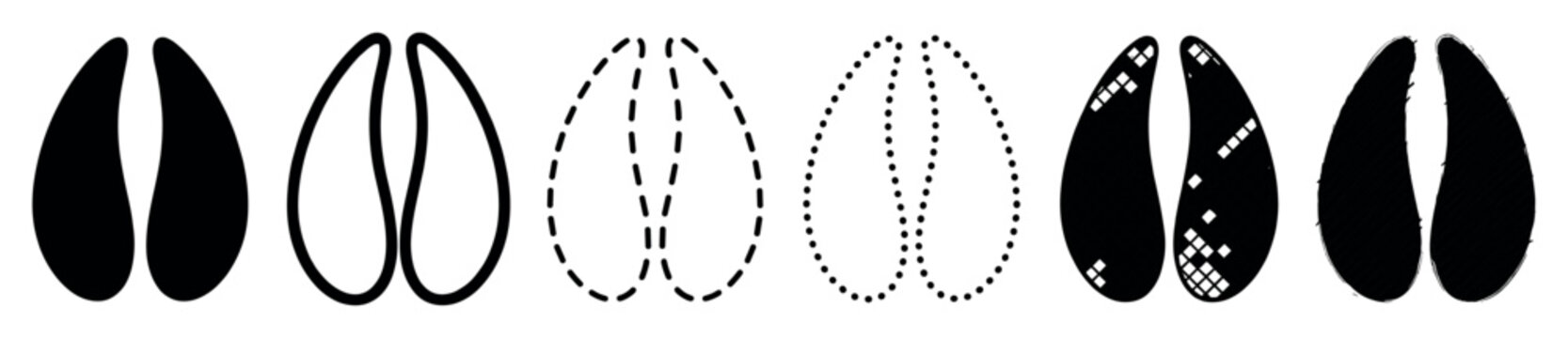 Diverse set of six black cloven hoof print icons displayed horizontally, featuring solid, outline, dashed, dotted, glitch, and grunge vector illustration styles