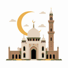 Fototapeta premium Elegant Islamic Architecture with Majestic Dome and Minarets Highlighting Cultural Heritage Against a Serene Backdrop of Crescent Moon and Clouds