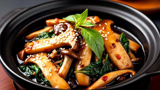 vibrant and colorful street food. Taiwanese sanbei jigu (three-cup mushroom), the glossy, sticky sauce of soy, sesame oil, rice wine coating oyster mushrooms, basil leaves 