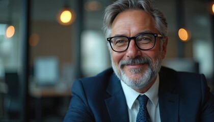 Fototapeta premium Mature man with grey beard and glasses smiles warmly. He wears a dark suit and tie in a dimly lit office setting. Confident business professional exudes experience and success.