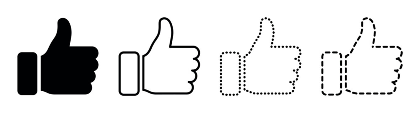Set of four black thumbs up icons showing different styles including solid, outline, dotted, and dashed line variations for social media approval and agreement gestures