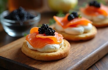 Smoked salmon and black sturgeon roe top blinis with cream cheese on wood. Elegant appetizer serves as festive party snack. Delicious seafood small bite for holiday banquet.
