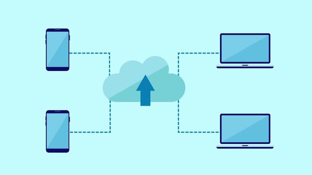 Flat vector illustration of a cloud with an upward arrow connected to smartphones and laptops, representing cloud data upload, file sharing, and device synchronization on a blue background.
