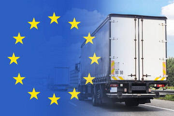 European Union road transport with cargo truck driving on highway. Logistics and freight delivery...