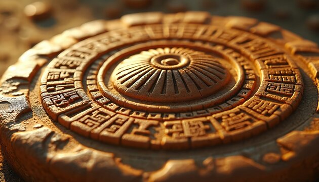 Close view of weathered stone artifact with intricate carvings. Circular design shows ancient symbols and patterns. Object looks like old calendar or sun disk.