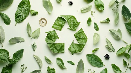Green recycling symbol made out of leaves and elements