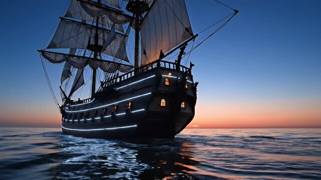 Majestic Ancient Sailing Ship Slipping Across Sunset Sea.