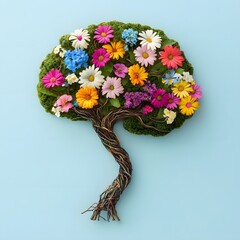 Human brain tree with flowers self care and mental health
