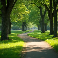 Obraz premium Tree lined path through green grass park on sunny day. Tall trees with rich green leaves cast shadows on walkway. Peaceful nature scene in summer.