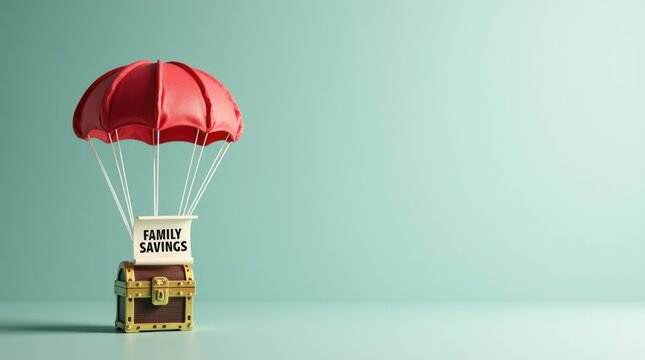 Life insurance document parachute slowing the descent of treasure chest labeled Family Savings, soft landing, economic downturn protection concept