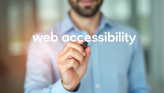 Man writes web accessibility text on transparent screen. Focus on inclusivity and user experience for all individuals interacting with digital content and platforms.