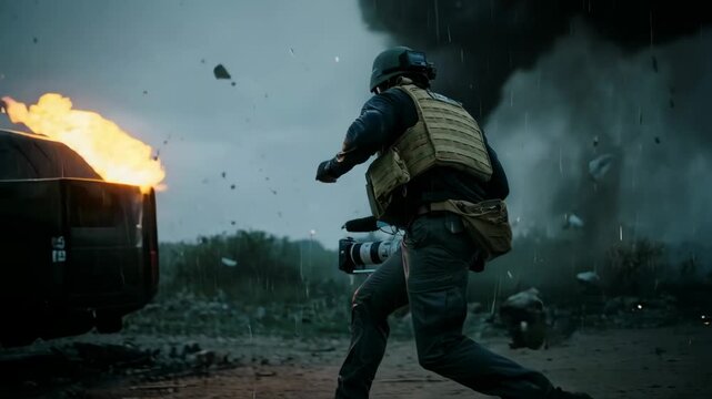 Male war correspondent runs with camera during an explosion, documenting conflict and international news