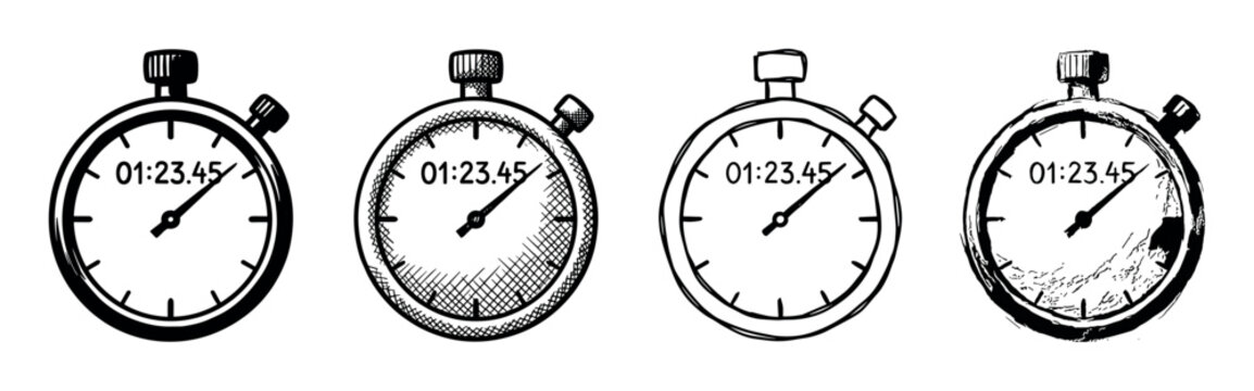 Set of four hand-drawn stopwatch timer illustrations in various artistic sketch styles, including simple outline, cross-hatching, and grunge textures for time measurement