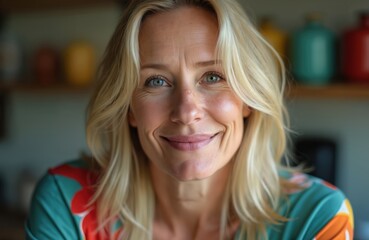 Fototapeta premium Close-up portrait of smiling blonde woman in 40s at home. Light blue eyes, light skin. Background blurred, showing shelves with colorful objects. Expression calm, peaceful. Wears colorful patterned