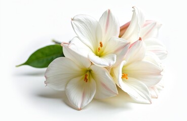 Delicate white tuberose flowers with pink accents and green leaf rest on white background. Natural beauty plant for perfumery and spa, elegant botanical detail.