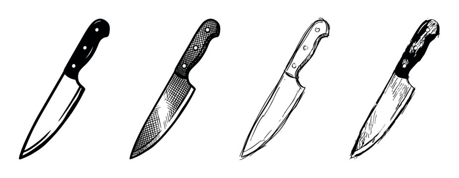 Set of four hand-drawn chef's knives in various sketch styles, showcasing different artistic techniques like hatching, solid fill, and simple line art for culinary concepts