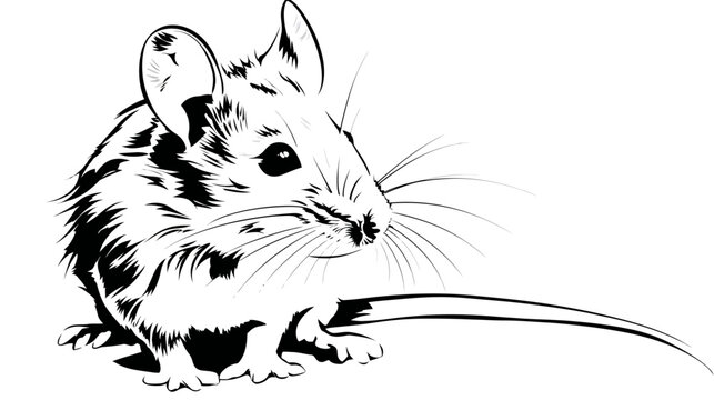 Detailed black and white illustration of a small, cute house mouse or field mouse with whiskers, monochrome vector art.