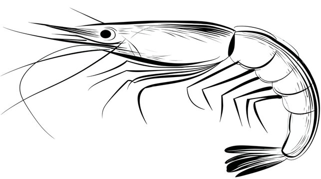 Hand-drawn monochrome sketch of a shrimp or prawn, marine crustacean seafood illustration, black and white aquatic animal artwork.