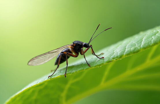 Small dark winged fungus gnat insect perched on bright green leaf surface. Macro view reveals delicate wings and antennae of tiny invertebrate on plant. Nature macro photography.