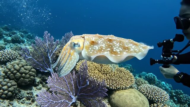 Amazing Cuttlefish Underwater with Diver in the Ocean.