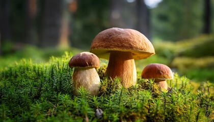 Fototapeta na wymiar boletus mushrooms growing in the forest the background is green grass with moss around them
