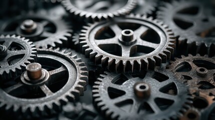 Intricate gear teeth and gear wheels in a shadowy industrial background