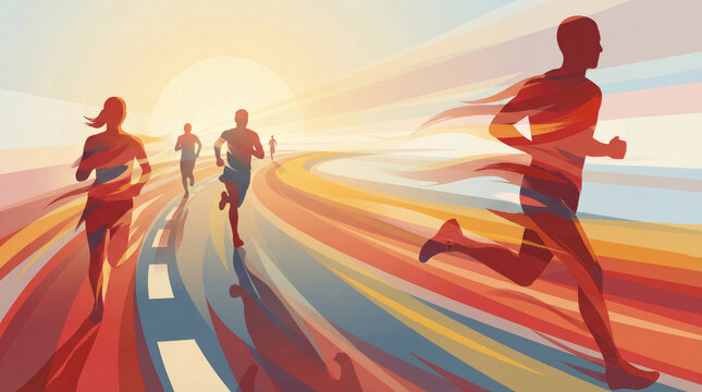 A dynamic and colorful abstract artwork depicting a large group of people running in a marathon, capturing their energy and motion with bold strokes.