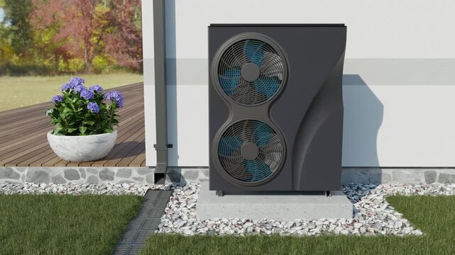 Double size black heat pump stays beside a wall of a cottage - 3d rendering