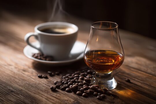 Moody coffee and cognac composition on wooden surface with beans