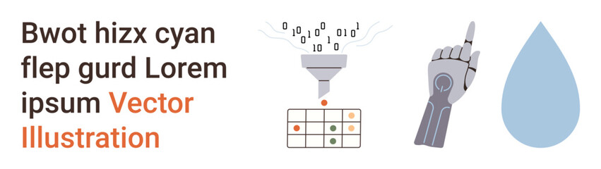 Technology, data processing, robotics, artificial intelligence, sustainability, environmental impact. Funnel filtering data, robotic hand pointing and water drop icon. Data processing and robotics