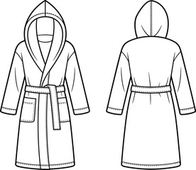 bathrobe, robe, hooded, belted, pocket, long, sleeve, loungewear, homewear, fashion, clothing, apparel, garment, cozy, warm, vector, design, sketch, flat, illustration © It's Sohan Here