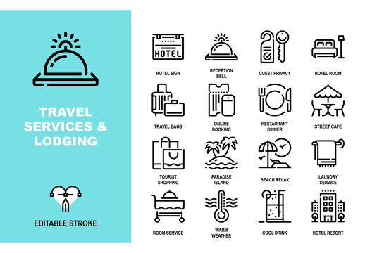 Vector set of travel services and lodging line icons. Pixel perfect 48X48 size grid with adjustable strokes. Professional symbols for vacation booking, hotel services and summer resort