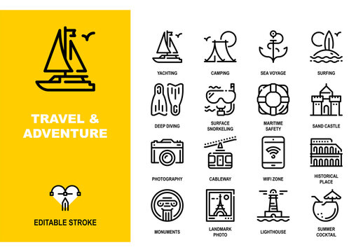 Vector set of travel and adventure line icons. Pixel perfect 48X48 size grid with adjustable strokes. Professional symbols for outdoor activities, summer vacation and sightseeing tours