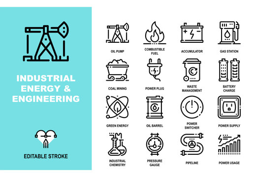 Vector set of industrial energy and engineering line icons. Pixel perfect 48X48 size grid with adjustable strokes. Professional symbols for power plants, fuel industry and oil production
