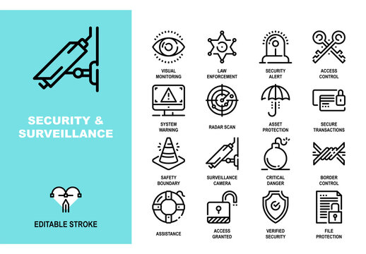 Vector set of security and surveillance line icons. Pixel perfect 48X48 size grid with adjustable strokes. Professional symbols for safety monitoring and protection systems