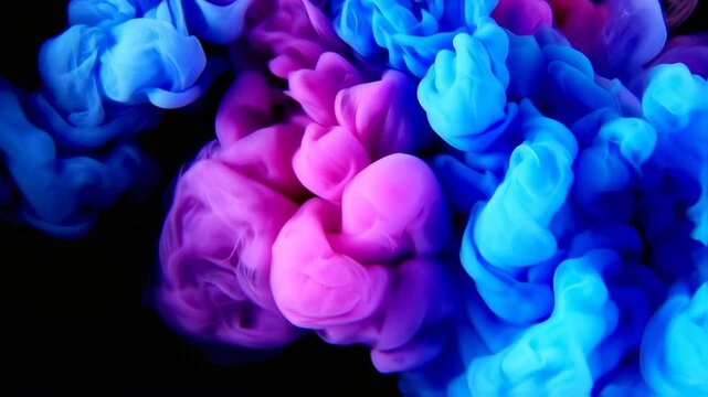 Vibrant colored smoke clouds swirling in a dark environment, viewed from a close-up perspective, capturing the dynamic motion of the colorful smokescreen
