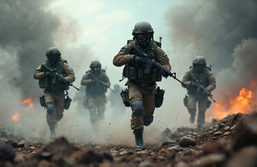 Fototapeta premium Soldiers in tactical gear advance through smoke, fire on rocky battlefield. Troops run with rifles ready, wearing helmets, gas masks in combat zone. Military units engage in intense warfare during
