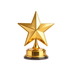 A gleaming golden five pointed star award with a pedestal base ideal for digital use on transparent background
