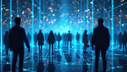 Fototapeta premium Silhouettes of people stand in glowing blue digital grid lines. Abstract futuristic network connects individuals in neon cyberspace with bokeh lights. Future AI concept.