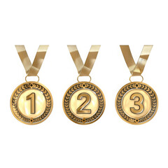A set of three golden award medals numbered one two and three on transparent background