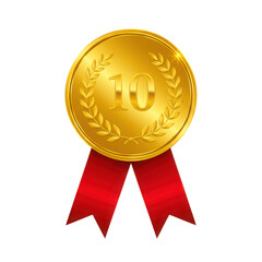 A gleaming golden medal with the number ten and a red ribbon on transparent background