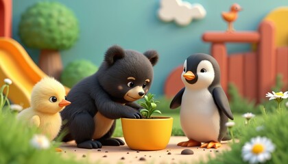 Cute bear chick and penguin plant together in vibrant garden. Animals nurture green plant in pot near playground slide. Teamwork fun in nature.
