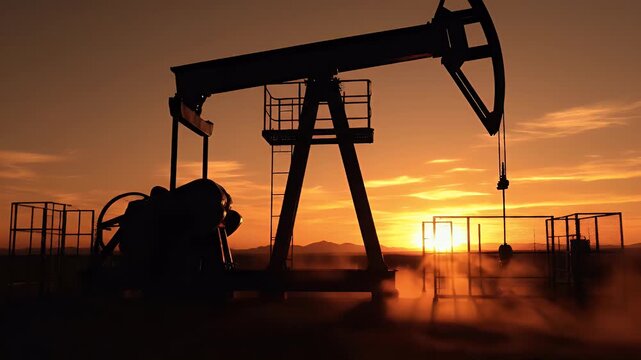 Silhouetted Oil Pumpjack at Sunset Over Industrial Landscape.