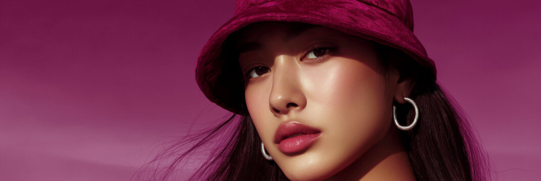 Side-profile view of a Korean model in a glossy magenta bucket hat with silver hoop earrings. Elegant fashion portrait with radiant skin and soft lighting against a magenta backdrop.