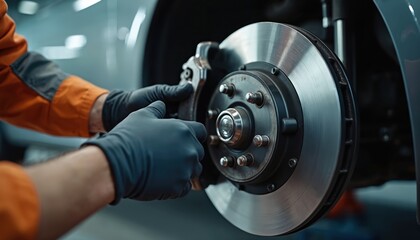 Fototapeta premium Close up of auto mechanic hands in gloves adjusting car brake system. Repairman changes worn brake pads and disc on vehicle wheel inside workshop.