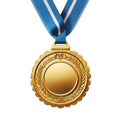 A gleaming gold medal with a blue ribbon showcasing achievement and success on transparent background