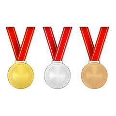 A vibrant illustration showcasing gold silver and bronze medals with ribbons on transparent background