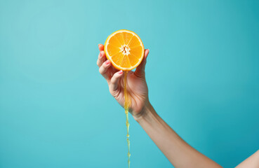 Female hand holds orange half. Fresh juice streams down against bright blue background. Squeezing citrus fruit for healthy drink preparation.